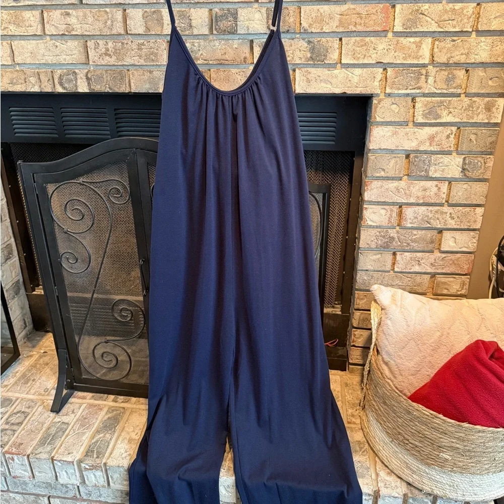 Knit adjustable straps baggy jumpsuit, navy, XL, EUC - Picture 3 of 3